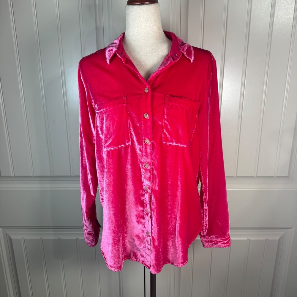 Pilcro Pink Velvet Button Down Shirt Womens 4 Long Sleeve Soft Luxury Blouse